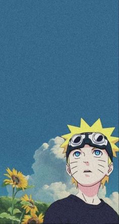 an anime character with sunflowers in the background and clouds behind him, looking up at the sky