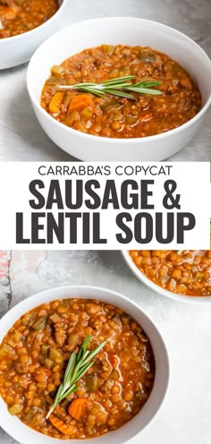 two white bowls filled with sausage and lentil soup