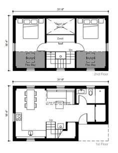 two floor plans showing the bedroom and living room, with one bed on each side