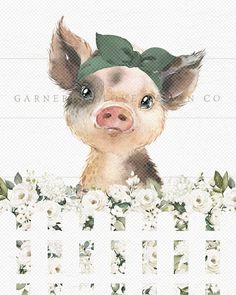 a pig with a bow on its head is peeking over a fence