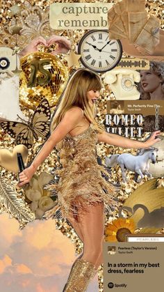 a collage of photos with a woman in a dress and clock on the wall