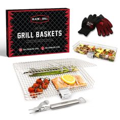 the grill basket is full of grilled meats, vegetables and other food items