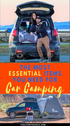 two people sitting in the back of a car with an open trunk and camping gear