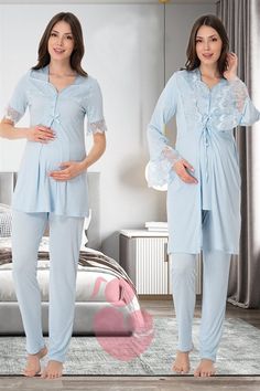 LohusaHamile Blue Color Maternity Pajamas and Robe  Cotton Fabric There are 3 pieces of product in the package ( Maternity Pajamas and Maternity Robe ) This Products have breastfeeding feature Pajamas is Short sleeved Adjustable at the waist There is a Belt in the Pachage it's a model that you can use after postpartum period Attention, There is no CROWN and SLIPPERS in the Package Size Range; if your weight's 60-71 Kilograms or 132-157 Ib, You Should buy size ''S'' Size Range; if your weight's 7 Postpartum Period, Maternity Pajamas, Pants Short, Pyjama Sets, Shirts Cute, Post Partum, Pajama Robe, Womens Pyjama Sets, Dresses Pants