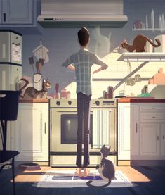 a person standing in a kitchen with a cat on the floor and an oven behind them