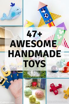 the words 47 awesome handmade toys are shown in black and white, with images of different