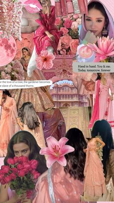 a collage of images with pink flowers and women in dresses, including an image of a