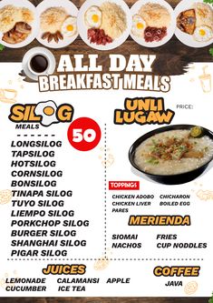 the menu for all day breakfast meals