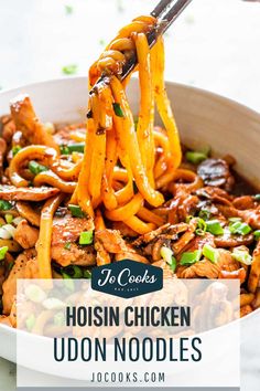 chicken udon noodles being lifted from a bowl with chopsticks in it and text overlay that reads 10 cooks hoisin chicken udon noodles