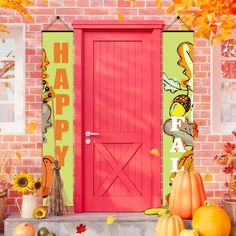 a red door surrounded by pumpkins and sunflowers