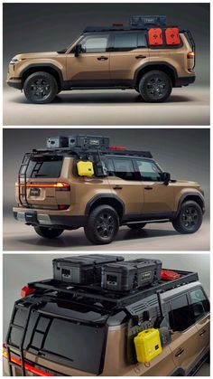 four different views of an suv with luggage on the roof and in the back, from top to bottom