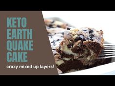 a close up of a piece of cake on a fork with the words keto earth quadke cake