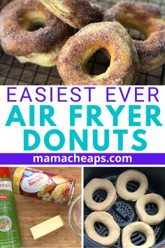 the collage shows different types of air fryer doughnuts and how to make them