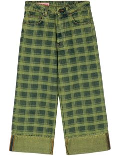 green cotton denim check print mid-rise wide leg rolled hem front button and zip fastening belt loops classic five pockets logo patch to the rear Green Fashion Aesthetic, Print Jeans, Versace Outfit, Yoko London, City Dress, Unique Clothing, Summer Beach Wear, Rolled Hem, Mode Inspiration