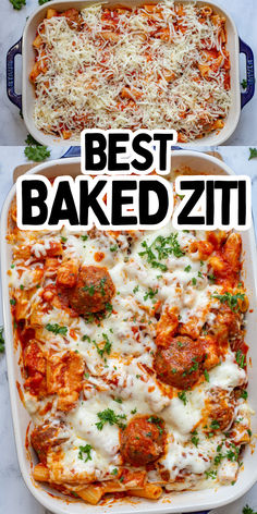 Photo collage of cheesy baked ziti with text overlay. Baked Ziti With Meatballs, Italian Casserole, Cheesy Pasta Bake, Recipe Italian, Baked Pasta Recipes, Cheesy Pasta, Recipes Pasta, Baked Ziti