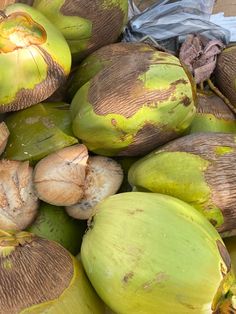 coconuts are piled on top of each other