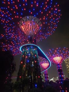 the gardens by the bay at night lit up with red, white and blue lights