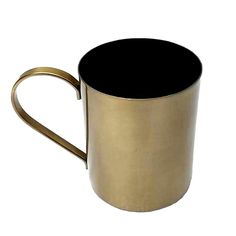 a black and gold colored coffee cup on a white background with the bottom half empty