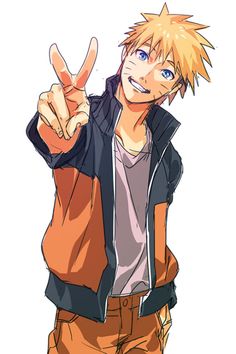 an anime character giving the peace sign with his hand and pointing to the left side