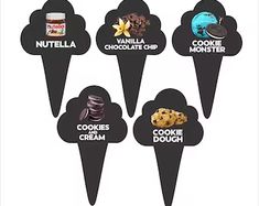 six ice cream cones with the words cookies and doughnuts on them