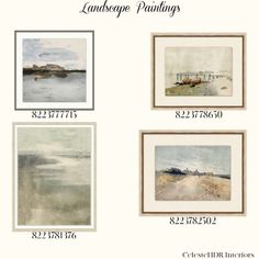 four framed paintings with the words landscape paintings in different sizes and colors, along with two pictures