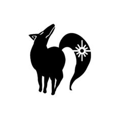 a black and white silhouette of a fox with snowflakes on its tail, against a white background