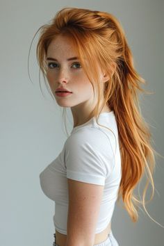 a woman with long red hair is posing for a photo in front of a white background