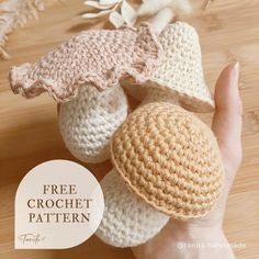 three crocheted hats are shown in front of a hand with the text, free crochet pattern