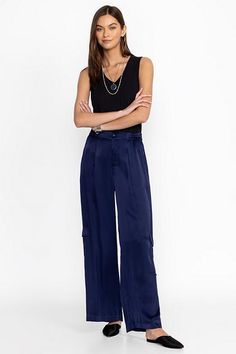 Crafted from a lightweight flowing fabric, the Cupro Pleated Pull On Pants add a stylish flare to a classic wide leg. Featuring an elastic waist and pleated detailing at the front, these wide-leg pants are finished with slant packets and cargo pockets for a unique twist. Pair with a fitted tank and sandals for a polished casual look. Johnny Was Women's Cupro Pleated Pull in Blue Night, Size XL Polished Casual, Flowing Fabric, Blue Night, Boho Chic Outfits, Women's Blouses, Embroidered Jeans, Chic Outfit, Bottom Clothes, Pull On Pants