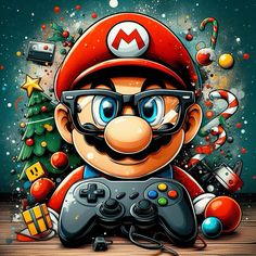 a cartoon character holding a game controller in front of a christmas tree and other decorations