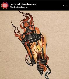 an old fashioned street light with flames coming out of it