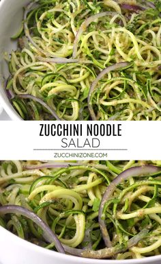 zucchini noodle salad in a white bowl