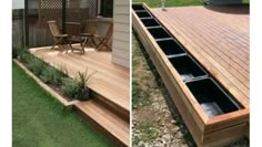 two pictures side by side one shows a deck and the other shows an outdoor living area