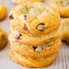 chocolate chip cookies stacked on top of each other