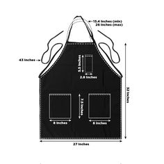 an apron with measurements for the front and back