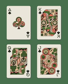 four playing cards with different designs on them