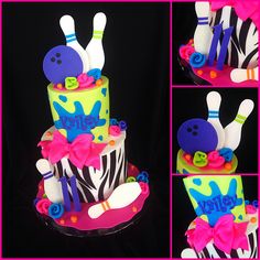 this cake is decorated with bowling pins and zebra print