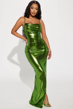 Galaxy Metallic Maxi Dress - Green | Fashion Nova, Dresses | Fashion Nova Green Dress Black Woman, Silver Metallic Dress, Metallic Jumpsuits, Formal Fashion, Fashion Nova Outfits, Blue Evening Dresses, Space Party, Photoshoot Dress, Fashion Nova Dress