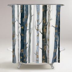 a shower curtain with trees painted on it and the background is white, blue and yellow