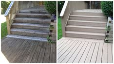 before and after photos of a deck being cleaned