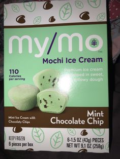 a box of mymq mochi ice cream with chocolate chip on it's side