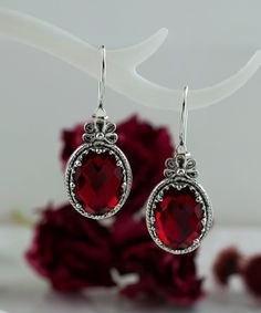 "Ruby Quartz Silver Gothic Boho Dangle Earrings, Goth Red Earrings, 925 Sterling Silver Artisan Handmade Filigree Woman Jewelry Handmade Earrings, Birthday gift, Anniversary gift, silver gift for her, filigree earrings Gemstone: Ruby Quartz 10x14mm. Ruby is the July birthstone - and it's one of the most coveted of gems. The name is derived from the Latin word ruber, meaning \"red\" - the color of love and passion. Material: 925 Sterling Silver ( NICKEL FREE ) Length and Width: 3.6cm X 1.4cm // 1.4 Inches X 0.55 Inches These Gothic boho style earrings are made of 925 sterling silver, they are red ruby quartz and silver. They come with a dark blue velvet pouch for storage and are incredibly lightweight. These red stone earrings add a bold fashion statement to any look.  FAST AND TRACKABLE SH Handmade Earrings For Valentine's Day Formal Occasion, Handmade Earrings For Valentine's Day Formal, Gothic Nickel Free Earrings Gift, Nickel Free Gothic Earrings For Gift, Gothic Drop Earrings For Formal Occasions, Gothic Round Earrings As Gift, Gothic Sterling Silver Earrings For Formal Occasions, Gothic Style Single Earring Jewelry Gift, Gothic Jewelry Set With Matching Earrings As Gift