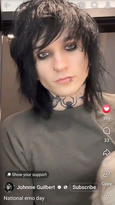 a woman with black hair and piercings on her neck is looking at the camera