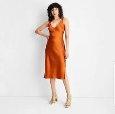 Trendy Fashion Women's Strappy V-Neck Midi Slip Dress - Future Collective Rust XL, Women's Dresses Orange Slip Dress Outfit, Orange Slip Dress, Slip Dress Outfit, Flower Midi Dress, Target Dresses, Midi Slip Dress, Rust Orange, Flutter Sleeve Dress, White Striped Dress