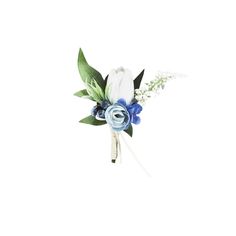 a white and blue boutonniere with green leaves on the side, set against a white background