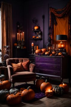 Enter a realm of gothic elegance with this spellbinding vintage study, rich in Halloween wall decor. Sumptuous leather chairs whisper tales by candlelight. A stunning chandelier casts shadows, while the dark walls embrace the room. Intricate curio cabinet showcases curiosities, and an antique desk holds an enigmatic pumpkin. Deep drapes frame the window, guarding secrets. Pumpkins on a classic rug complete the scene. Purple Fall Table Decor, Pumpkin Living Room, Fall Color Home Decor, Living Room Autumn Colors, Purple Autumn Decor, Purple Sofa Decor, Dark Autumn Decor, Earthy Home Decor Ideas, Candle Display Ideas Living Rooms