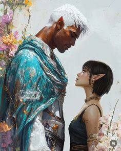 two people standing next to each other in front of flowers and plants, one with white hair