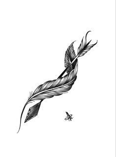 a black and white drawing of a feather