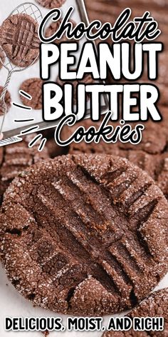 A stack of chocolate peanut butter cookies on a plate, with a drizzle of melted chocolate and a glass of milk in the background.