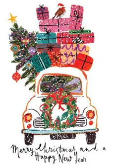 a car with presents on the roof and christmas tree in the back, as well as an ornament that says merry new year